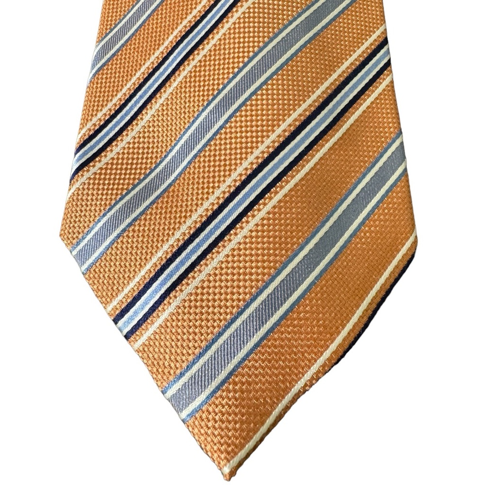 Tasso Elba SPA Men’s Designer Orange and Blue Striped 100% Silk Necktie.